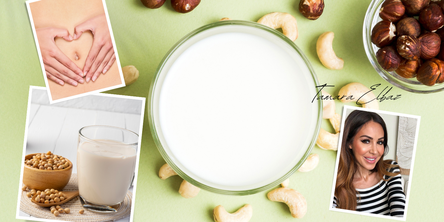 Enzymen met een glas melk, cashewnoten en een hart op een buik